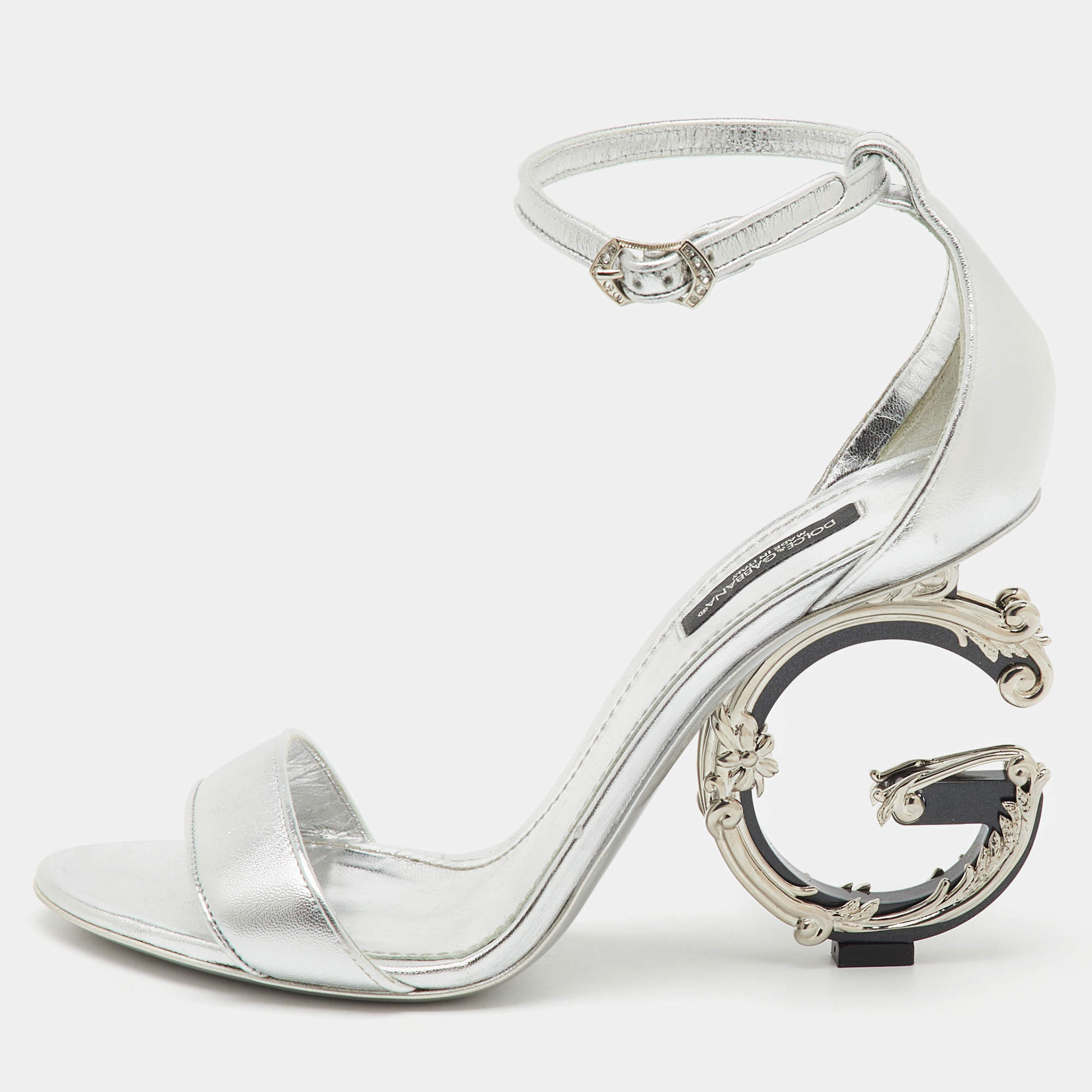 Dolce & Gabbana Silver Leather Keira Baroque DG Heel Ankle Strap Sandals Size 38