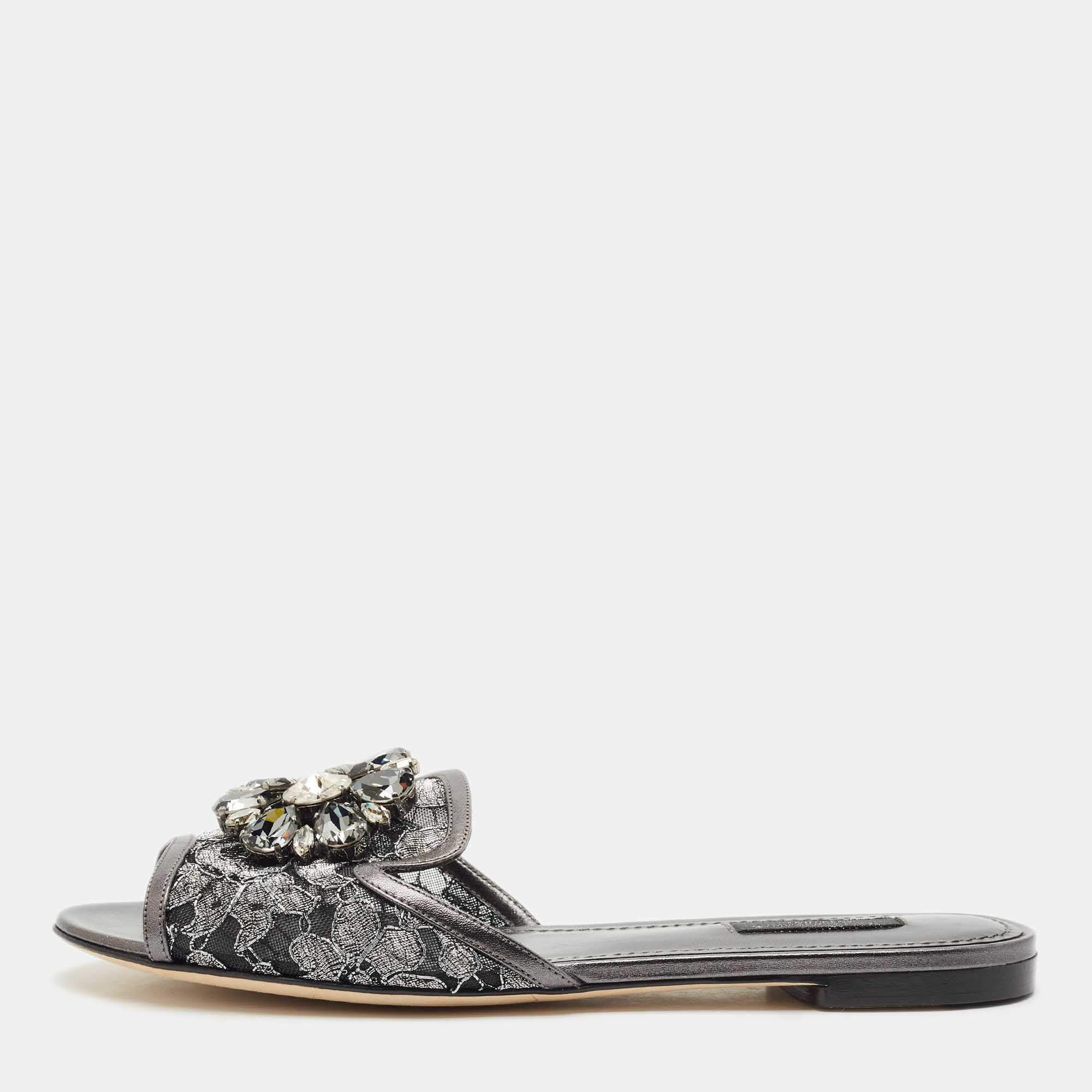 Dolce & Gabbana Metallic Lace and Leather Bianca Flat Sandals Size 38