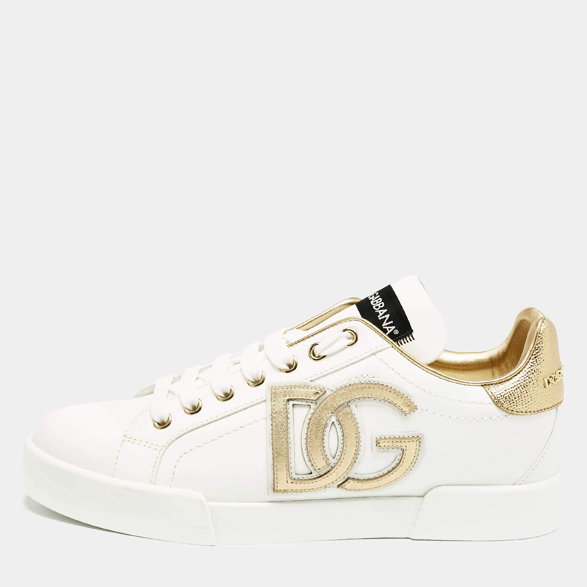 Dolce & Gabbana White/Gold Leather Portofino DG Logo Sneakers Size 39
