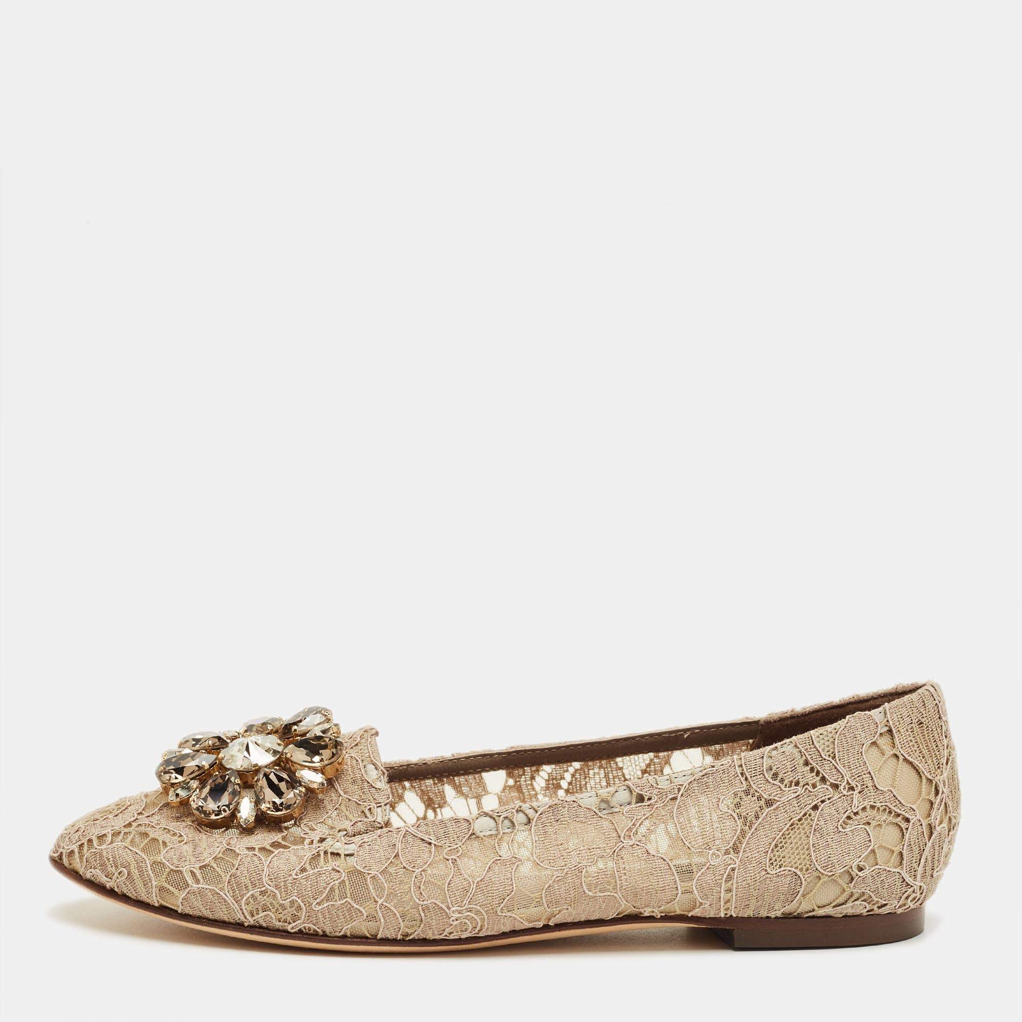 Pre Owned Dolce & Gabbana Beige Lace Taormina Crystal Ballet Flats Size 37