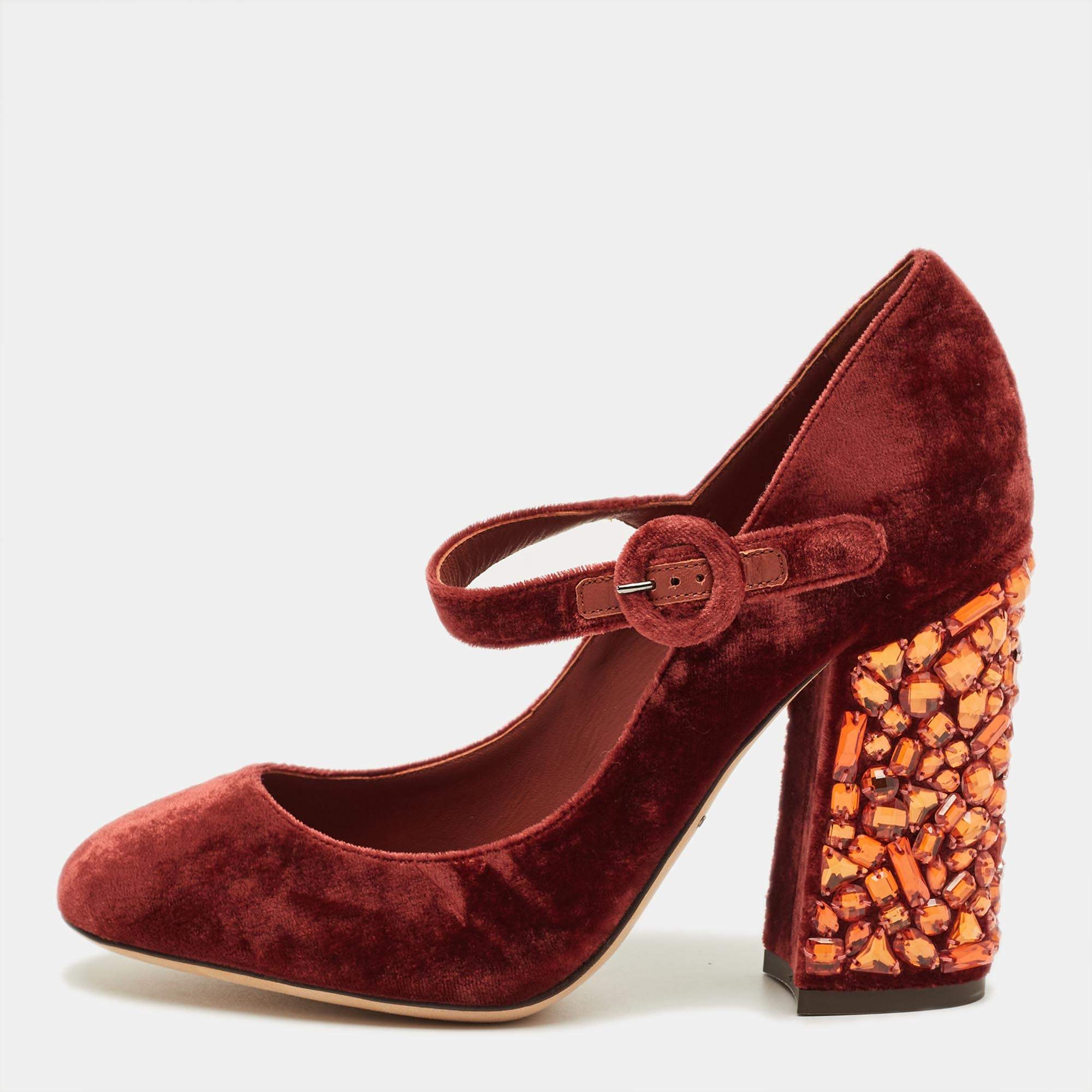 Pre Owned Dolce & Gabbana Burgundy Velvet Crystal Embellish Block Heel Pumps Size 36.5