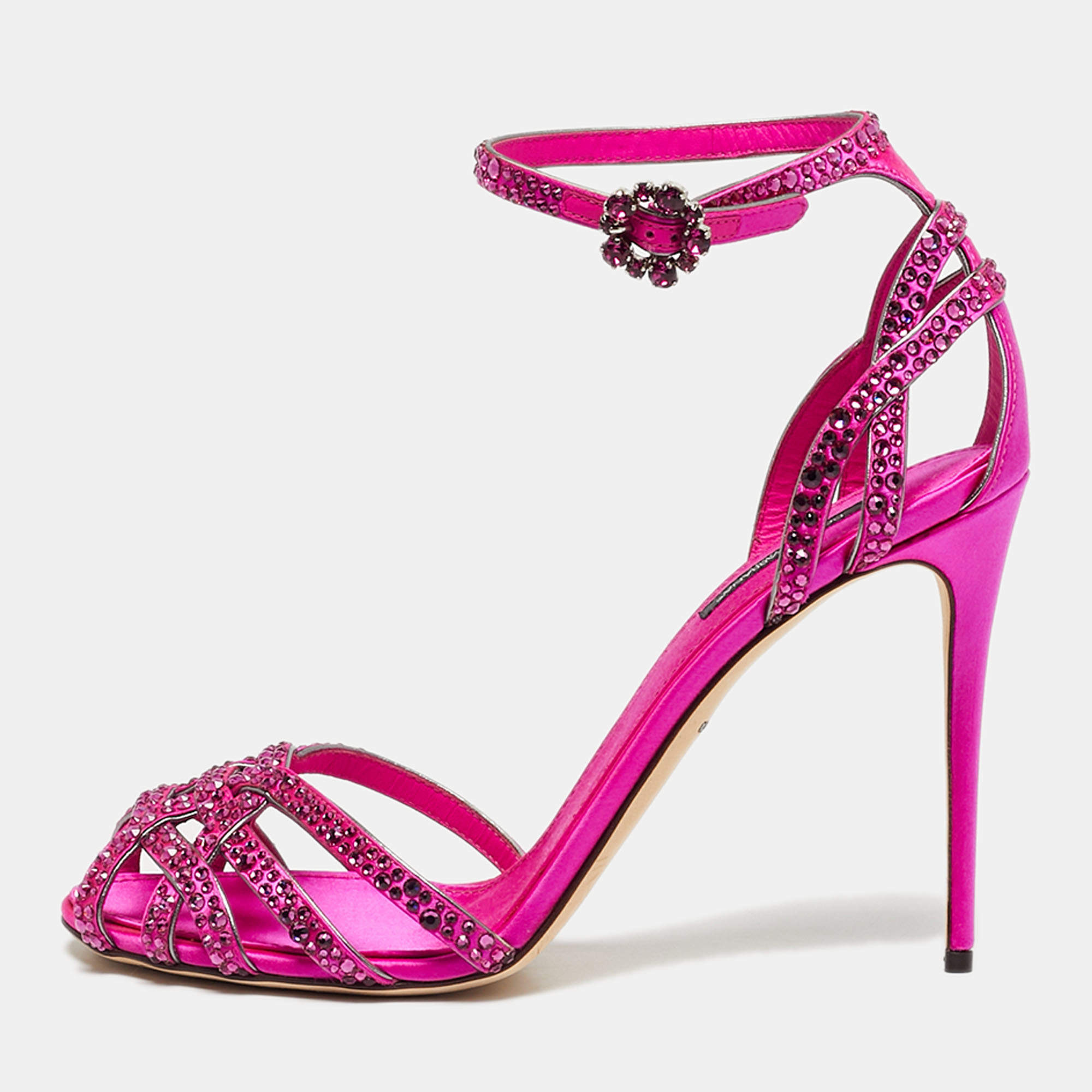 Pre Owned Dolce & Gabbana Pink Satin Crystal Embellished Ankle Strap Sandals Size 40