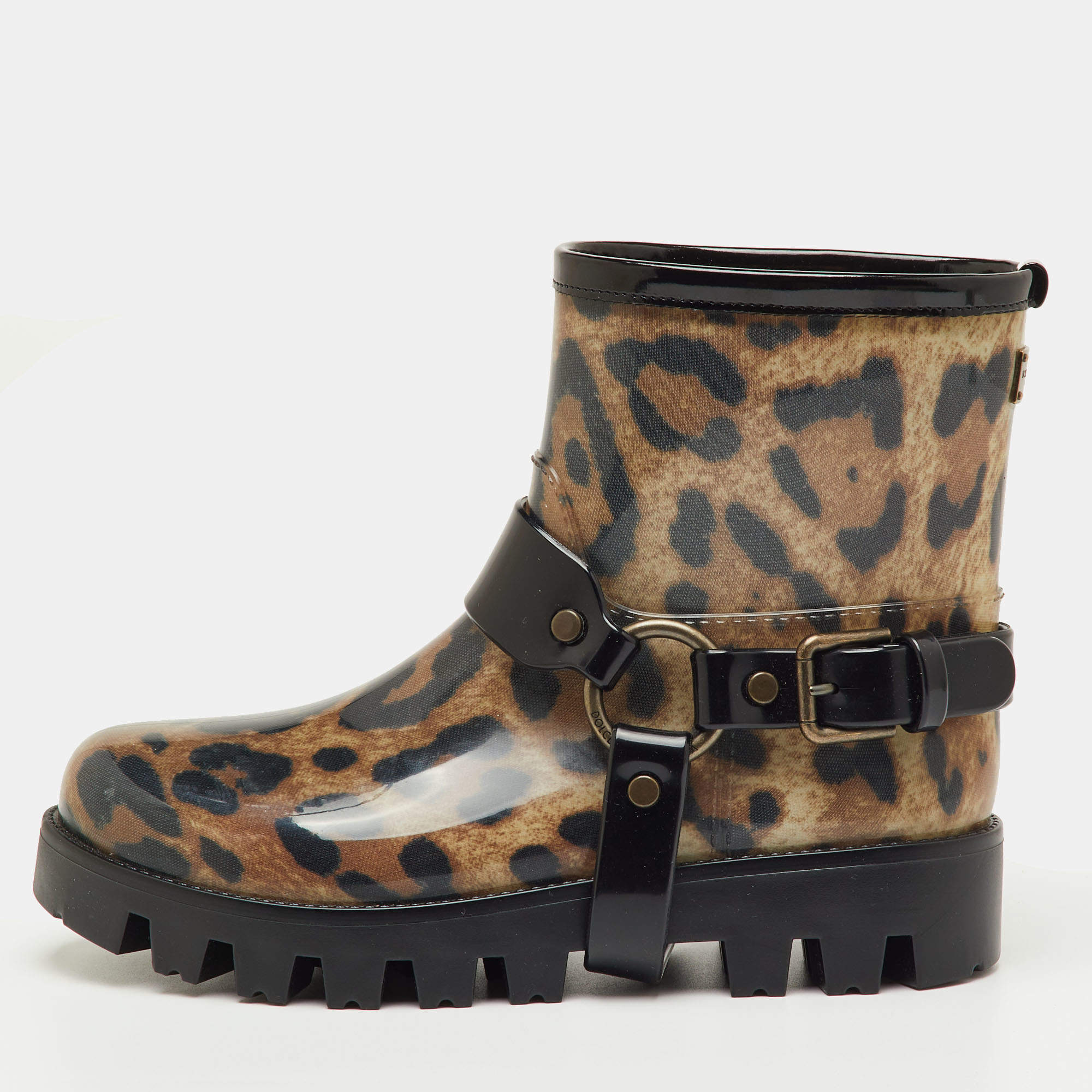 Pre Owned Dolce & Gabbana Brown/Black Leopard Print Rubber Ankle Rain Boots Size 40