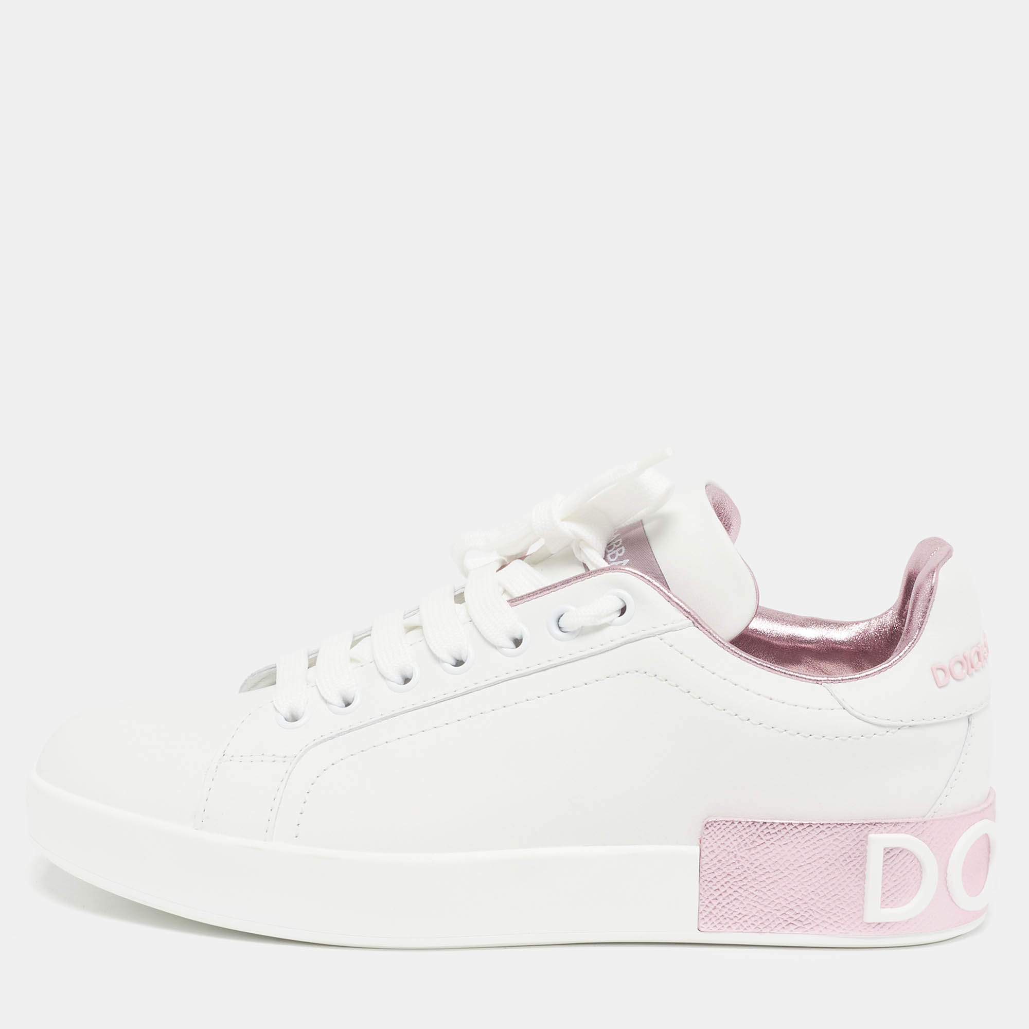 Pre Owned حذاء رياضي دولتشي أند غابانا بورتوفينو جلد أبيض/وردي معدني بعنق منخفض مقاس 38