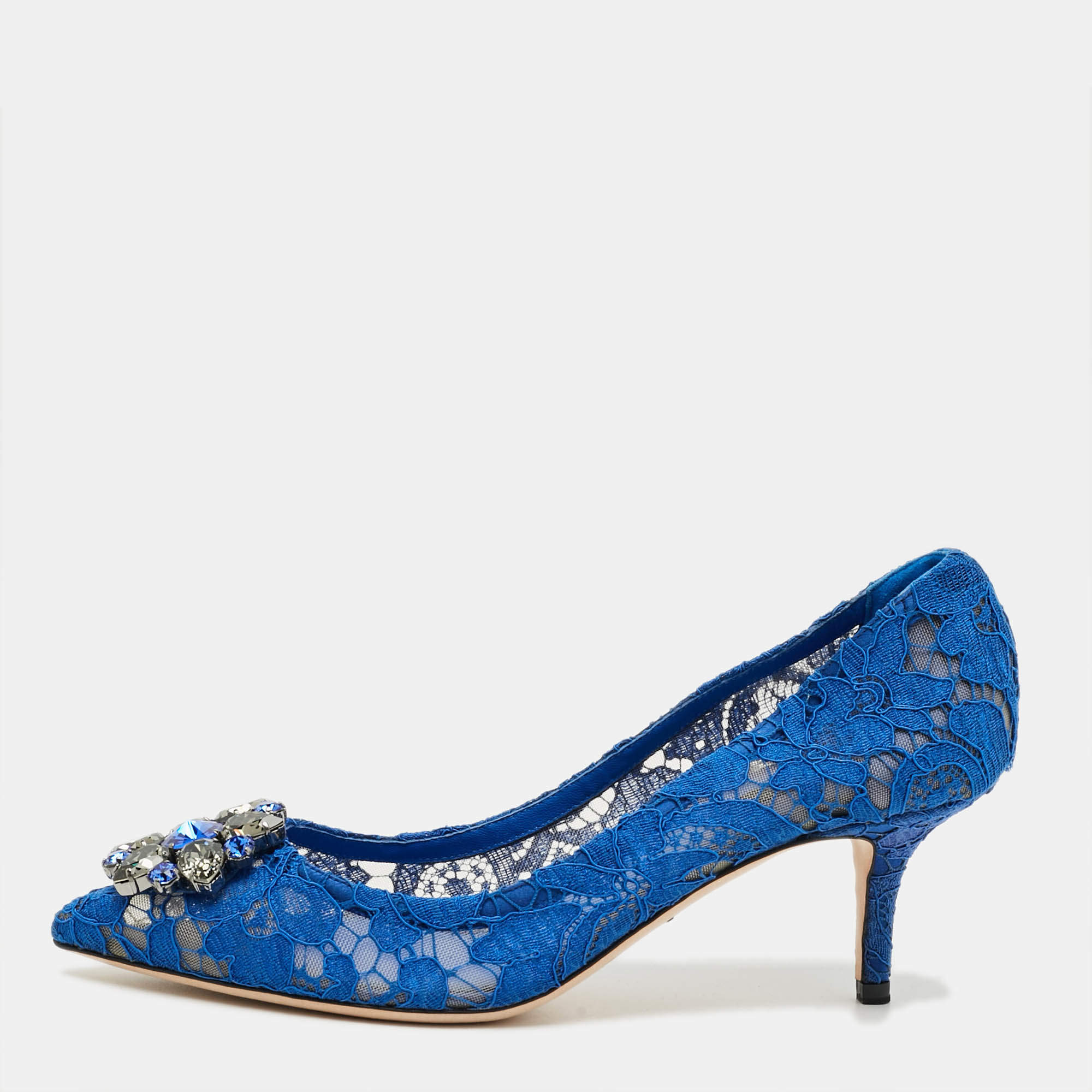 Pre Owned Dolce & Gabbana Bellucci Size 39 Blue Lace and Mesh Pumps