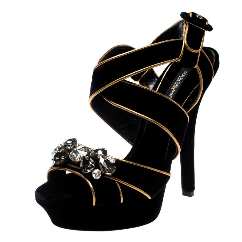 مملوكة مسبقًا Dolce & Gabbana Black Velvet Metallic Gold Leather Trim Crystal Embellished Cross Strap Platform Sandals Size 38