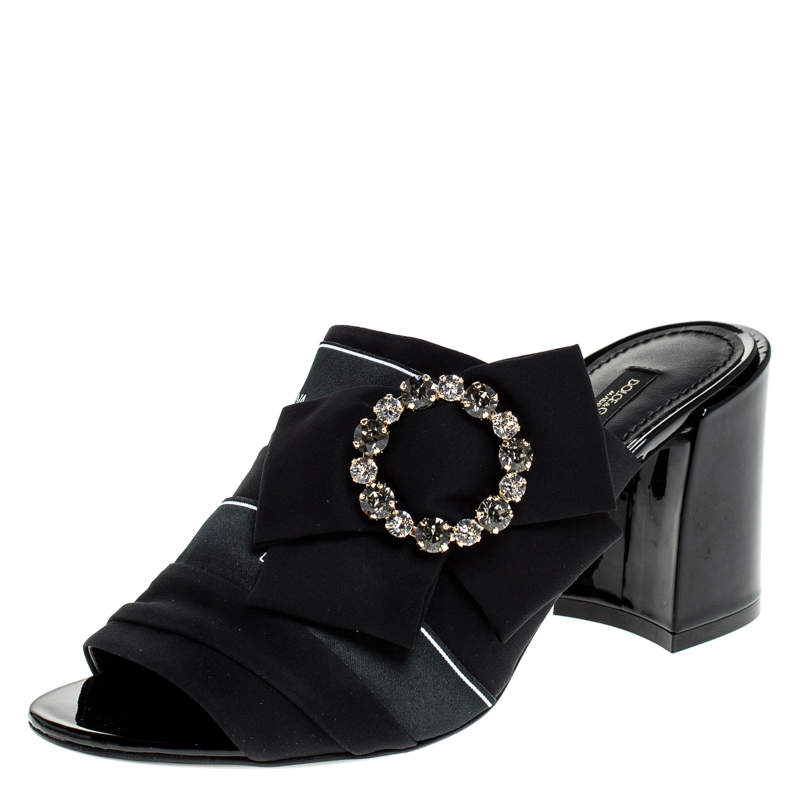 مملوكة مسبقًا Dolce & Gabbana Black Satin Crystal Embellished Bow Open Toe Mules Size 39
