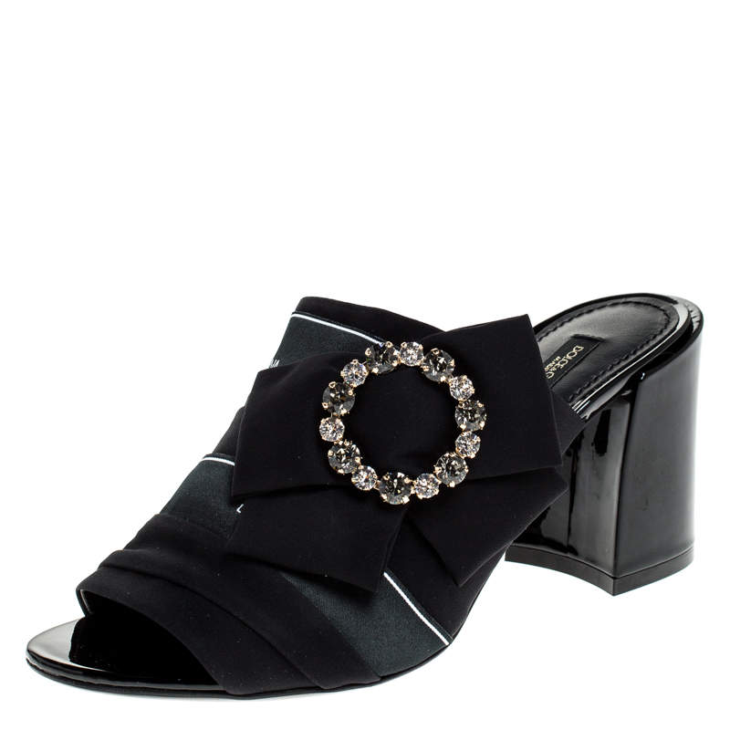 Dolce & Gabbana Black Satin Crystal Embellished Bow Mules Size 36