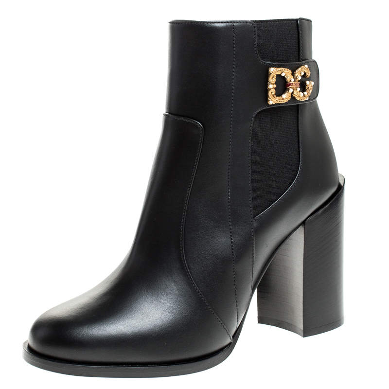 Dolce & Gabbana Black Leather Logo Detail Ankle Boots Size 39