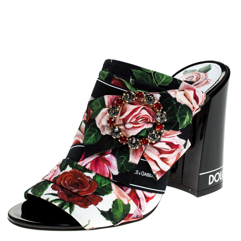 Pre Owned Dolce & Gabbana Multicolored Charmeuse Printed Fabric Bejeweled Buckle Mules Size 39