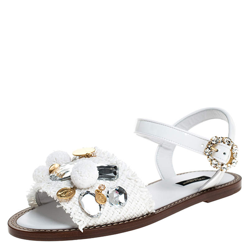 Dolce & Gabbana White Patent Leather And Raffia Pom Pom Crystal Embellished Flat Sandals Size 40