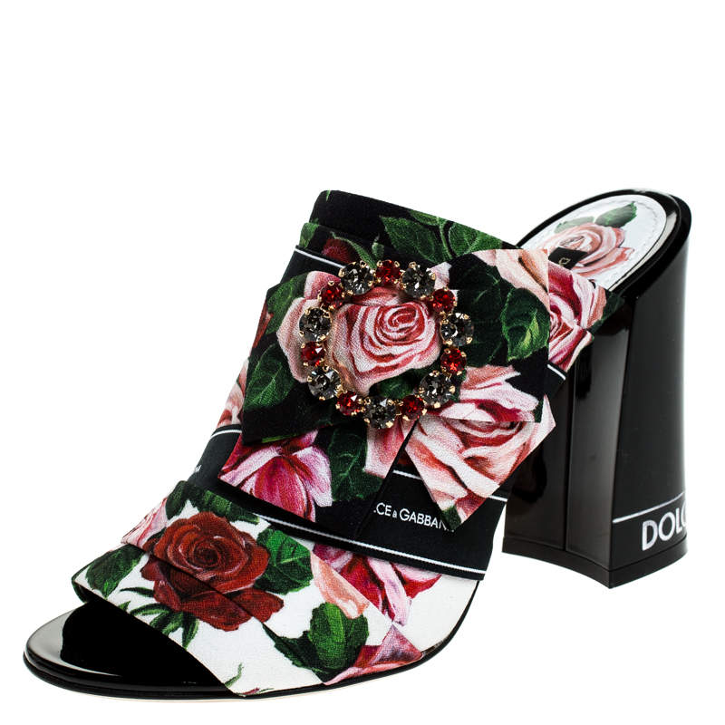 Pre Owned Dolce & Gabbana Multicolor Floral Printed Fabric Crystal Embellished Bow Open Toe Mules Size 35