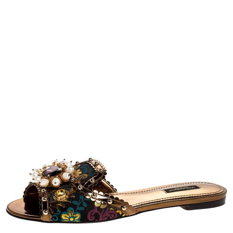 Pre Owned Dolce & Gabbana Multicolor Floral Brocade Fabric And Patent Leather Trim Faux Pearl Embellished Flat Slides Size 37