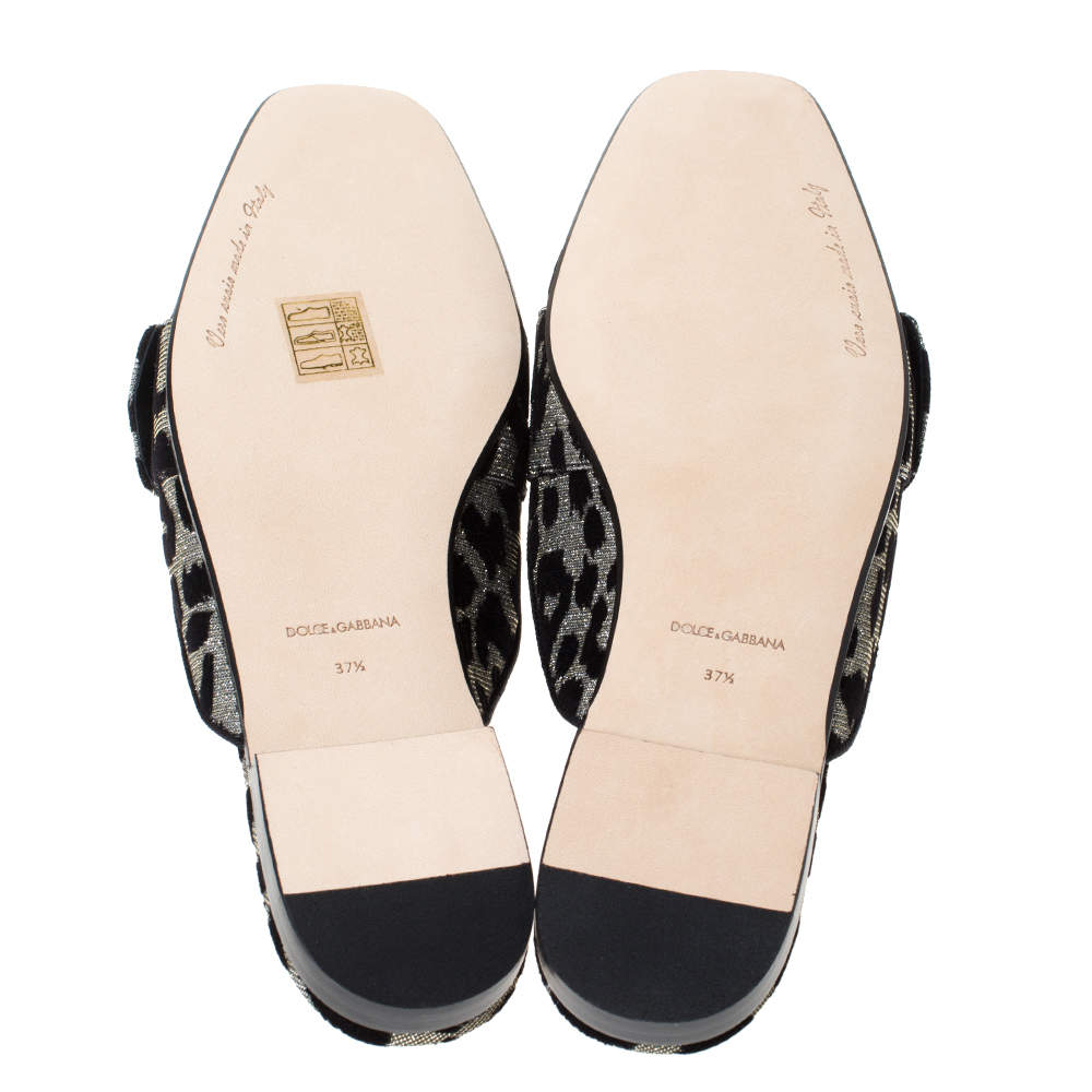 Pre Owned Dolce & Gabbana Metallic Silver Canvas and Black Leopard Print Velvet Jackie Mule Size 37.5