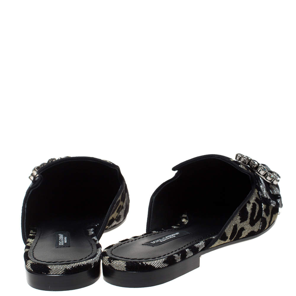 Pre Owned Dolce & Gabbana Metallic Silver Canvas and Black Leopard Print Velvet Jackie Mule Size 37.5