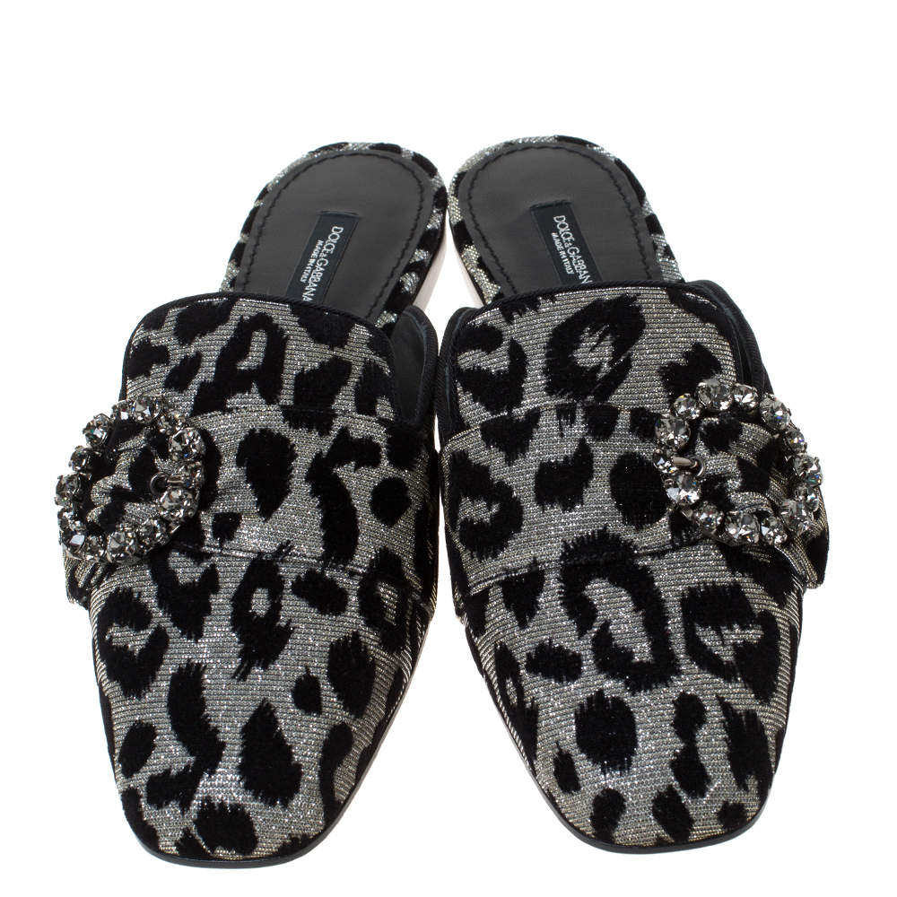 Pre Owned Dolce & Gabbana Metallic Silver Canvas and Black Leopard Print Velvet Jackie Mule Size 37.5