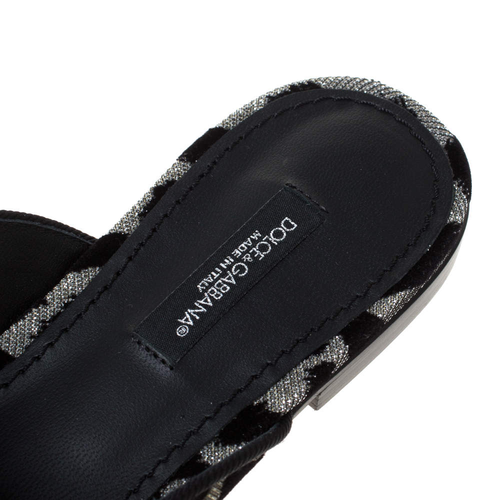 Pre Owned Dolce & Gabbana Metallic Silver Canvas and Black Leopard Print Velvet Jackie Mule Size 37.5