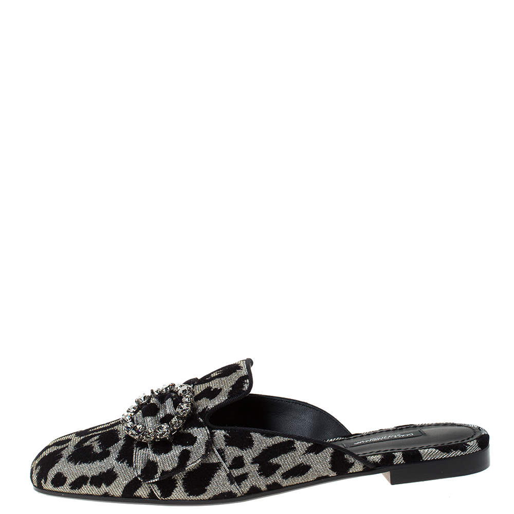 Pre Owned Dolce & Gabbana Metallic Silver Canvas and Black Leopard Print Velvet Jackie Mule Size 37.5