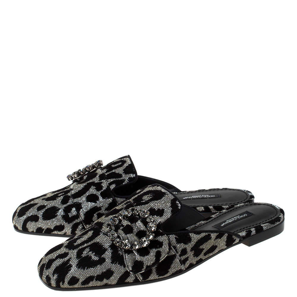 Pre Owned Dolce & Gabbana Metallic Silver Canvas and Black Leopard Print Velvet Jackie Mule Size 37.5