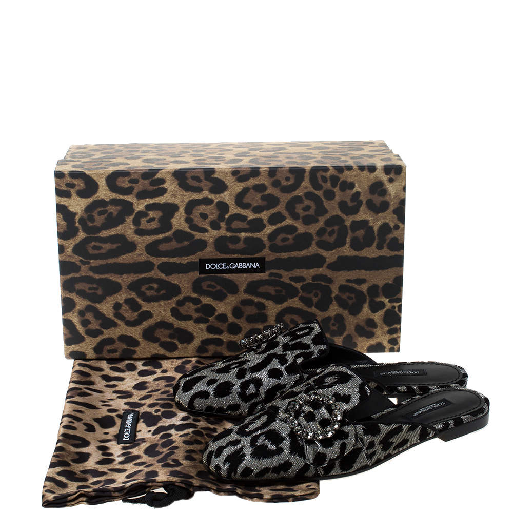 Pre Owned Dolce & Gabbana Metallic Silver Canvas and Black Leopard Print Velvet Jackie Mule Size 37.5