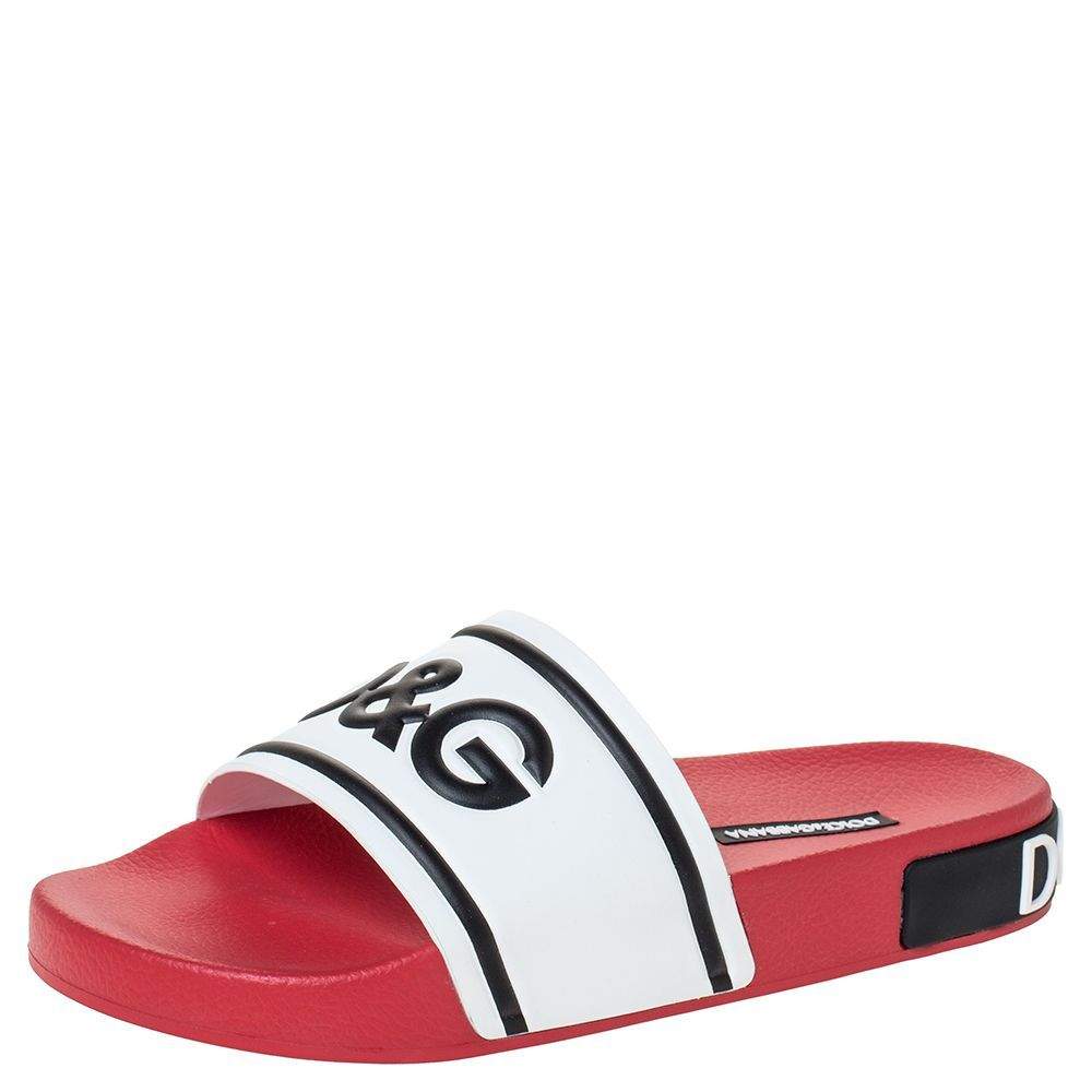Dolce & Gabbana Red/White Leather and Rubber Slides Size 40