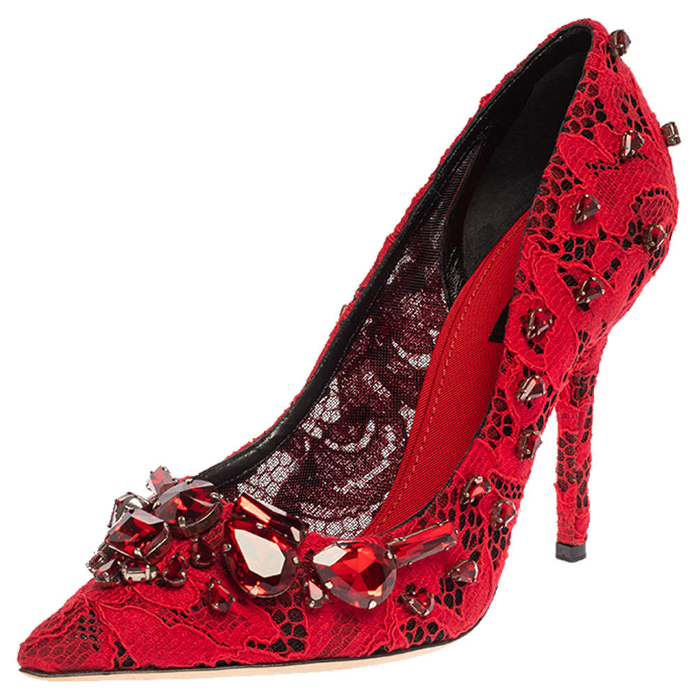 Pre Owned Dolce & Gabbana Red Lace Crystal Embellished Pointed Toe Pumps Size 39