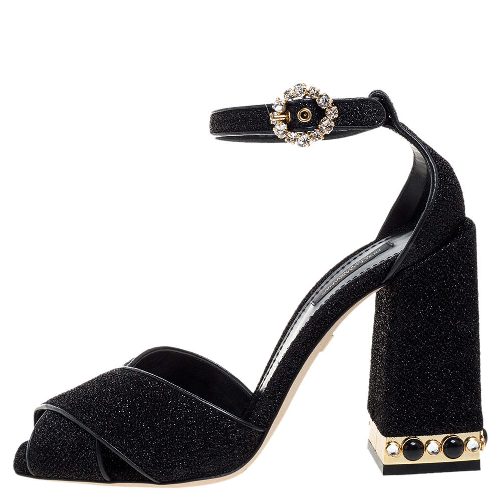 Pre Owned Dolce & Gabbana Black Fabric Crystal Embellished Block Heel Sandals Size 39