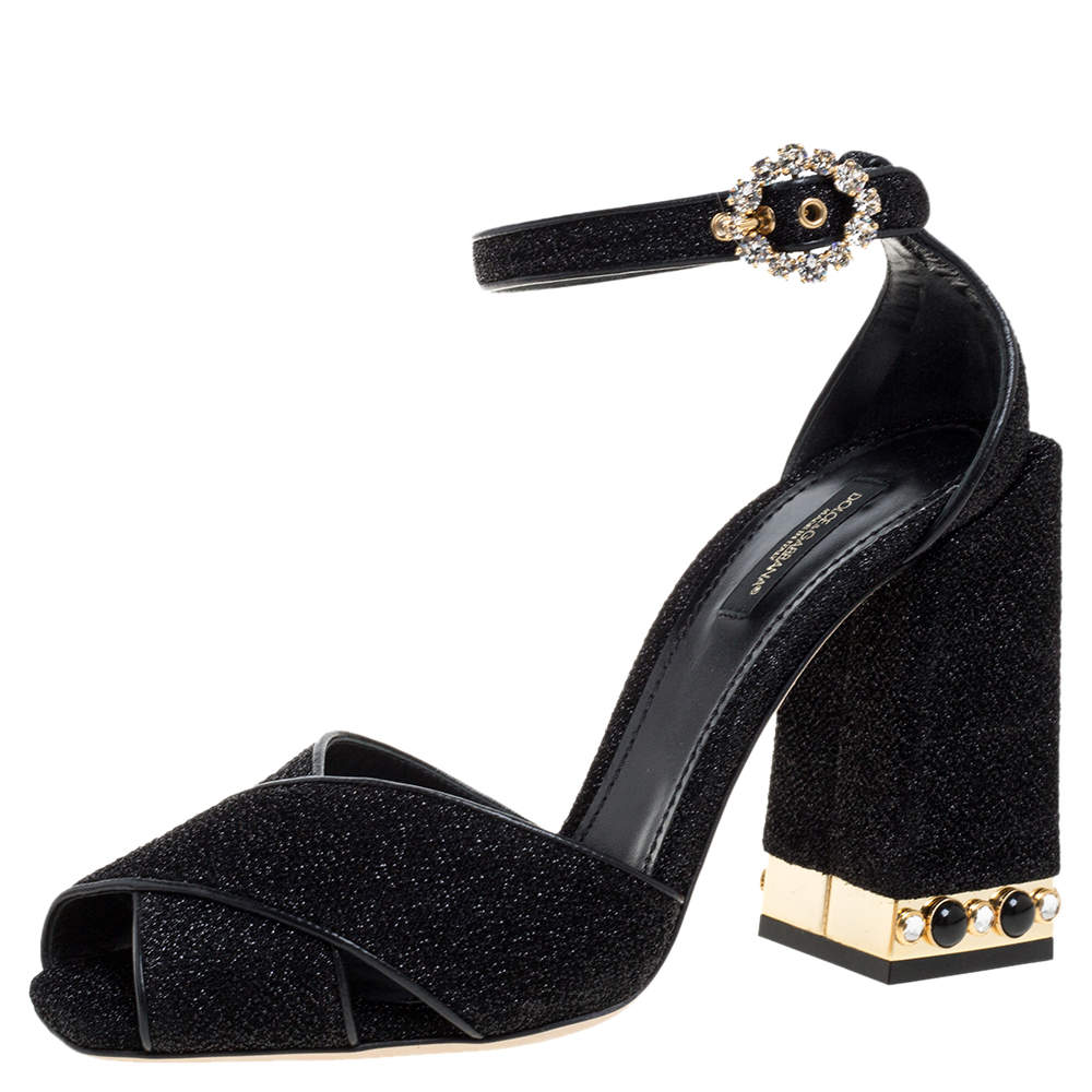 Pre Owned Dolce & Gabbana Black Fabric Crystal Embellished Block Heel Sandals Size 39