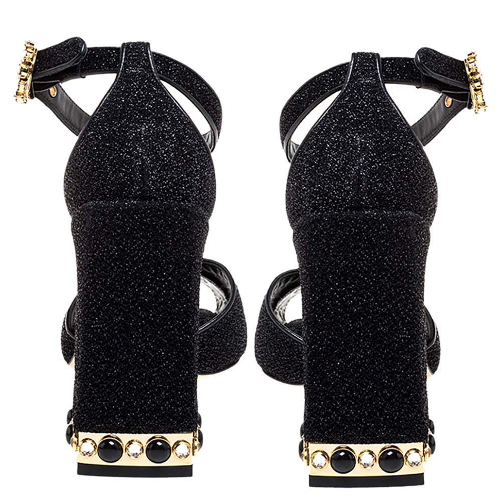 Pre Owned Dolce & Gabbana Black Fabric Crystal Embellished Block Heel Sandals Size 39