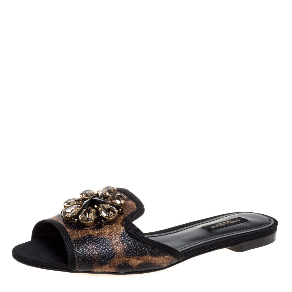Pre Owned Dolce & Gabbana Brown Leopard Print Coated Canvas Crystal Embellished Flat Slides Size 38