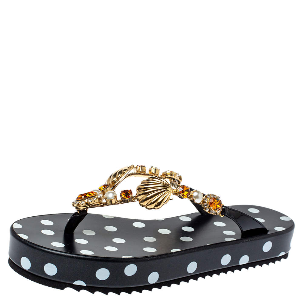 Pre Owned Dolce & Gabbana Black Polka Dots Crystal Embellished Thong Sandals Size 38