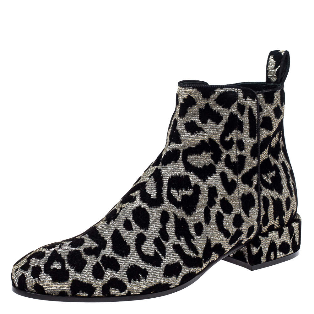 Pre Owned Dolce & Gabbana Black/Silver Animal Print Lurex and Velvet Ankle Boots Size 36