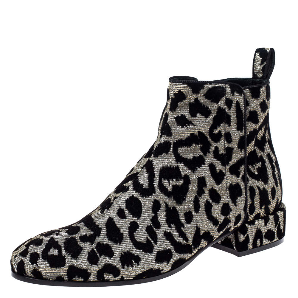 Dolce & Gabbana Black/Silver Animal Print Lurex and Velvet Ankle Boots Size 39