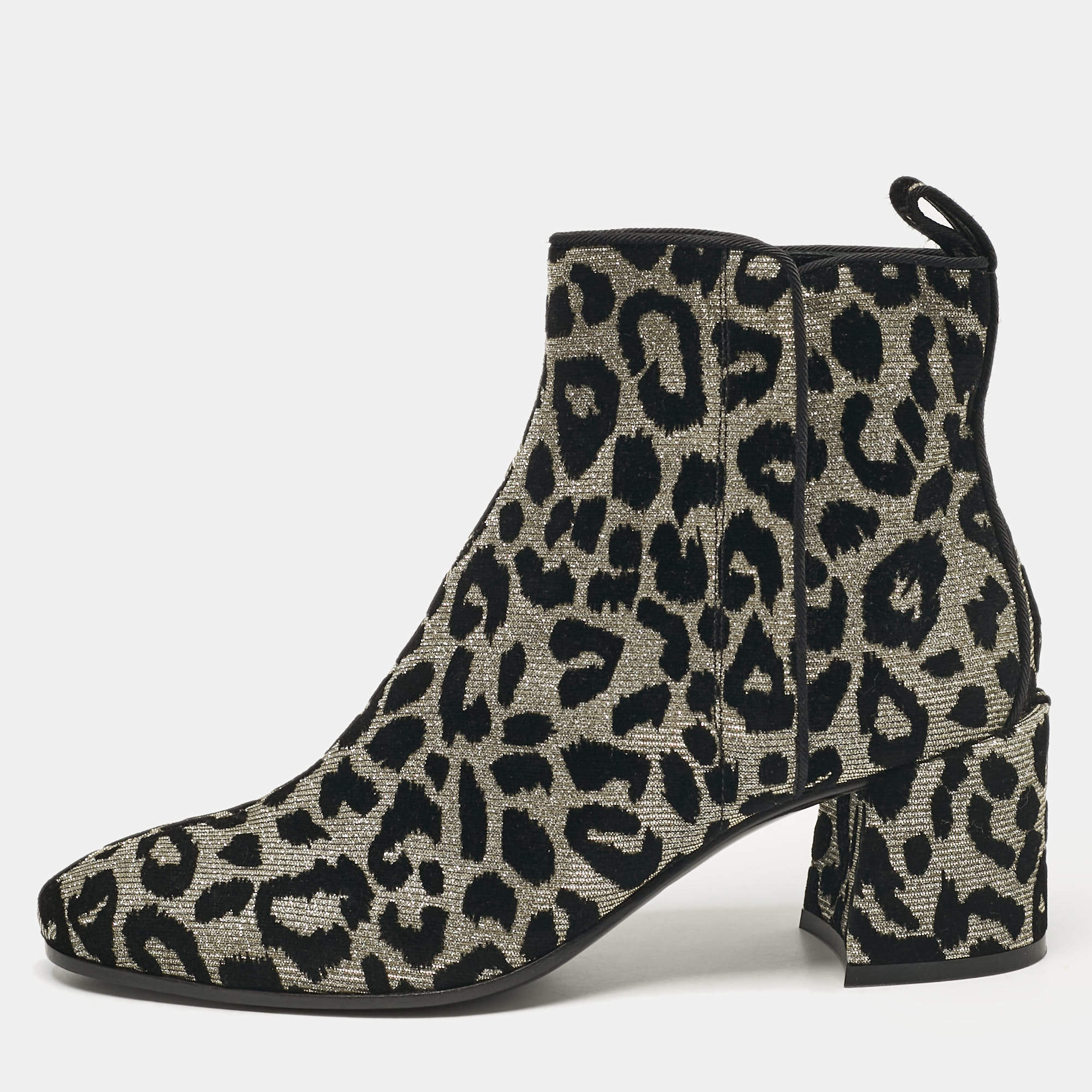 Pre Owned Dolce & Gabbana Black/Silver Animal Print Lurex and Velvet Ankle Boots Size 39