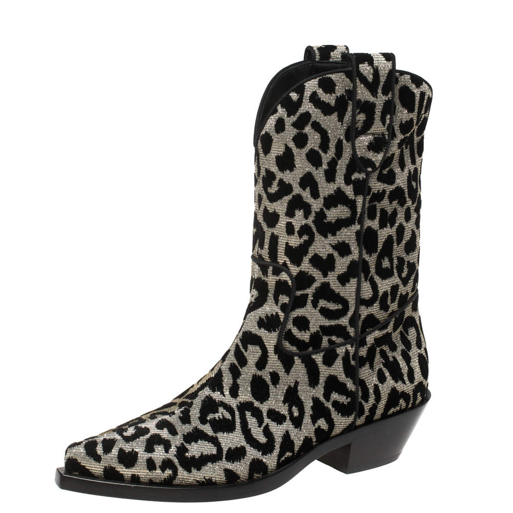 Dolce & Gabbana Black/Silver Animal Print Lurex and Velvet Cowboy Boots Size 36