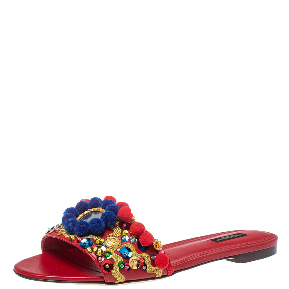 Pre Owned Dolce & Gabbana Red Leather Pom Pom And Mirror Embellished Flat Sandals Size 40