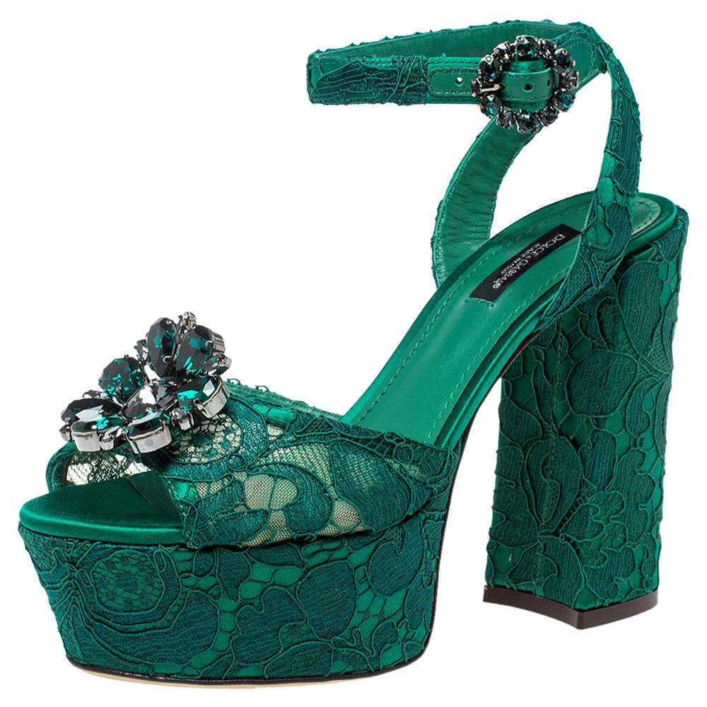 Dolce & Gabbana Green Lace Keira Embellished Platform Sandals Size 37.5 ...
