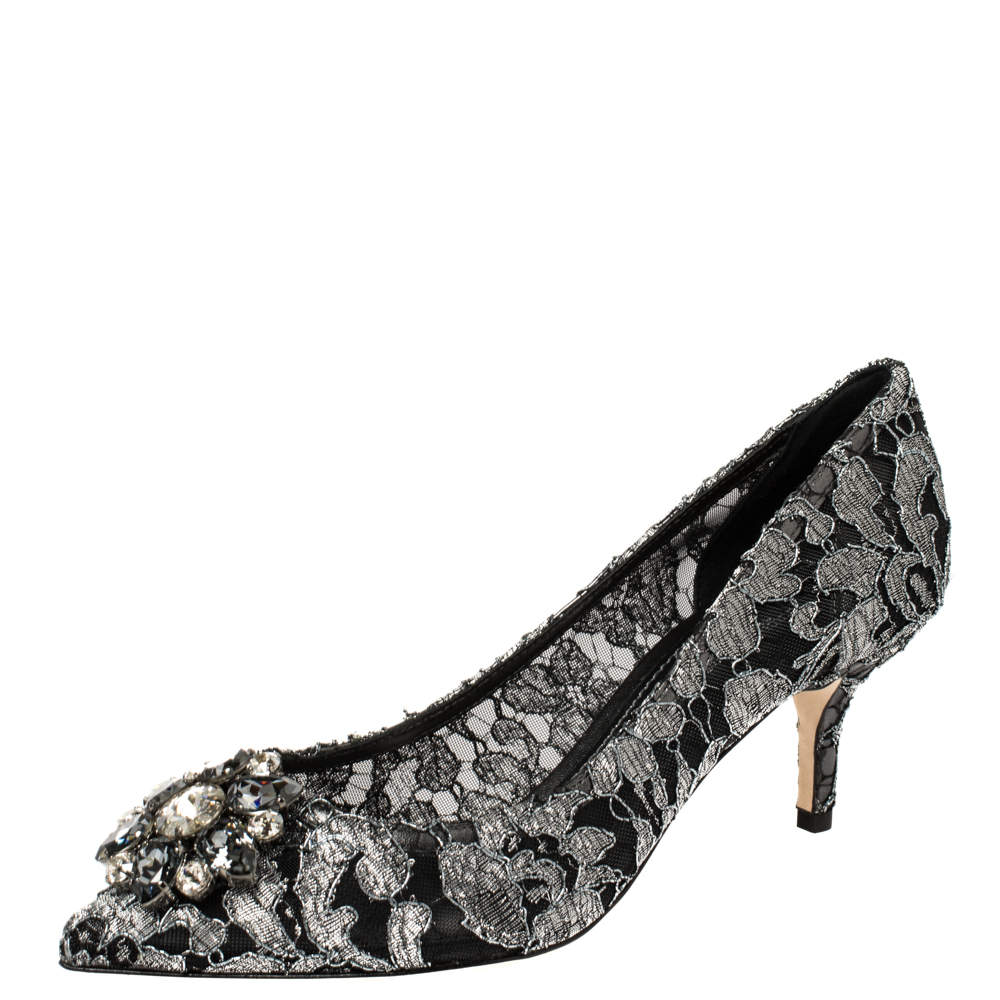 Pre Owned Dolce & Gabbana Silver/Black Lace Bellucci Pumps Size 38