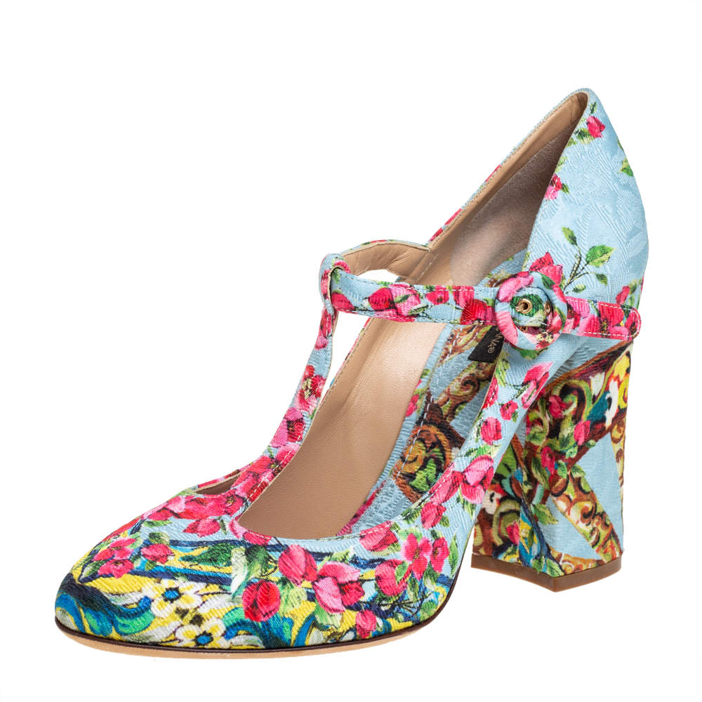 Pre Owned Dolce & Gabbana Blue Floral Print Fabric T-Strap Pumps Size 40