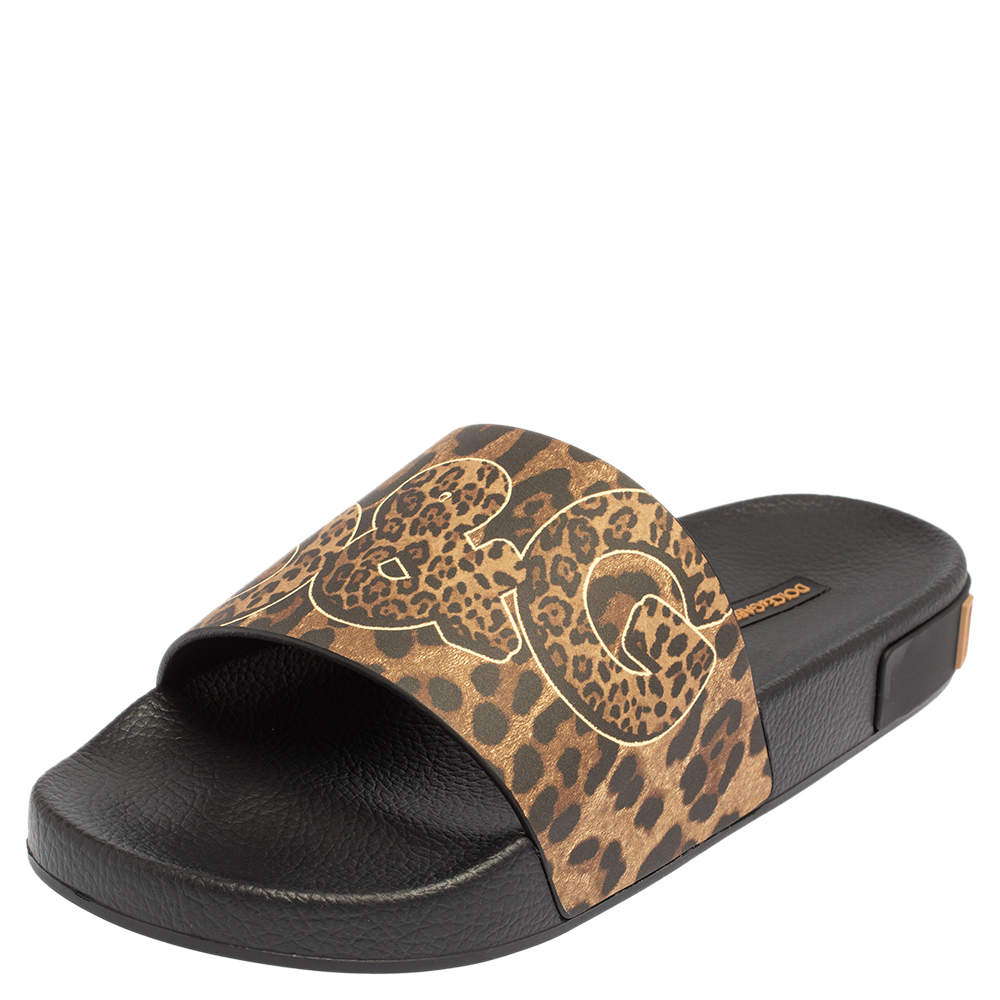 Pre Owned Dolce & Gabbana Brown/Black Leopard Print Rubber Saint Barth Slide Sandals Size 39