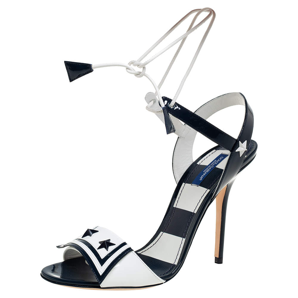 Pre Owned Dolce & Gabbana White/Navy Blue Patent Leather Keira Ankle Tie Sandals Size 39