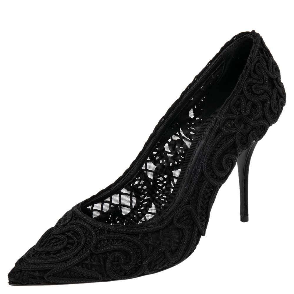 Dolce & Gabbana Black Embroidered Mesh Trim Pointed Toe Pumps Size 40