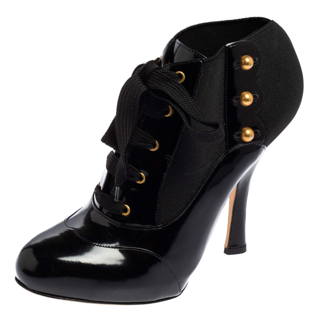 مملوكة مسبقًا Dolce & Gabbana Black Stretch Band and Patent Leather Lace Up Ankle Booties Size 38.5