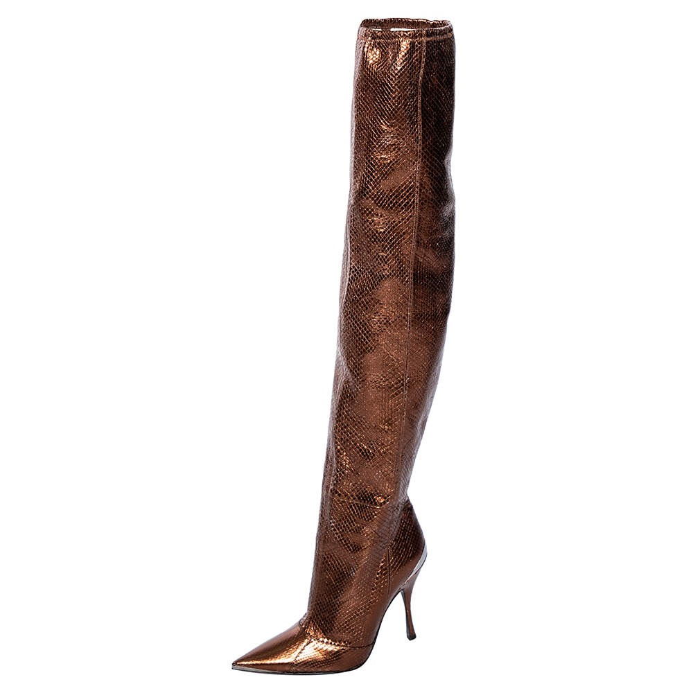 مملوكة مسبقًا Dolce & Gabbana Gold Python Leather Over Knee Length Boots Size 38