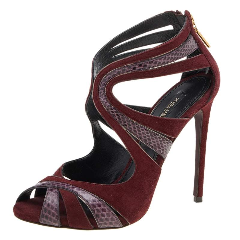 Dolce & Gabbana Burgundy Suede And Snakeskin Sandals Size 36.5