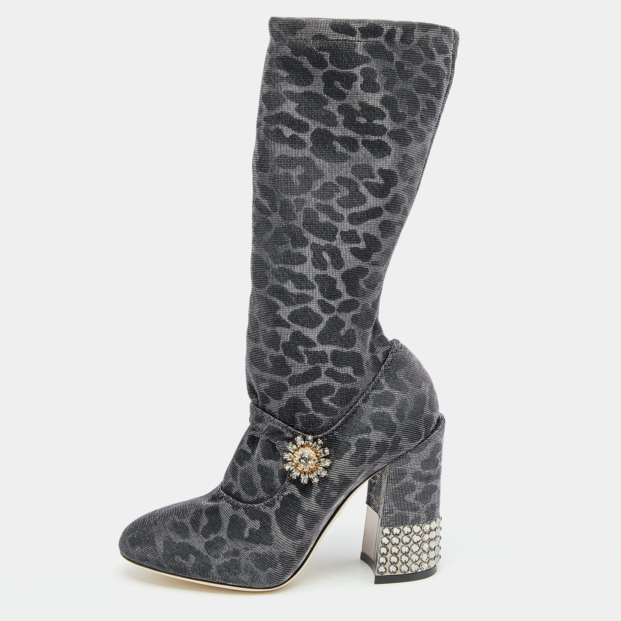 Pre Owned Dolce & Gabbana Metallic Silver Leopard Print Lurex Fabric Embellished Mary Jane Mid Calf Boots Size 37.5
