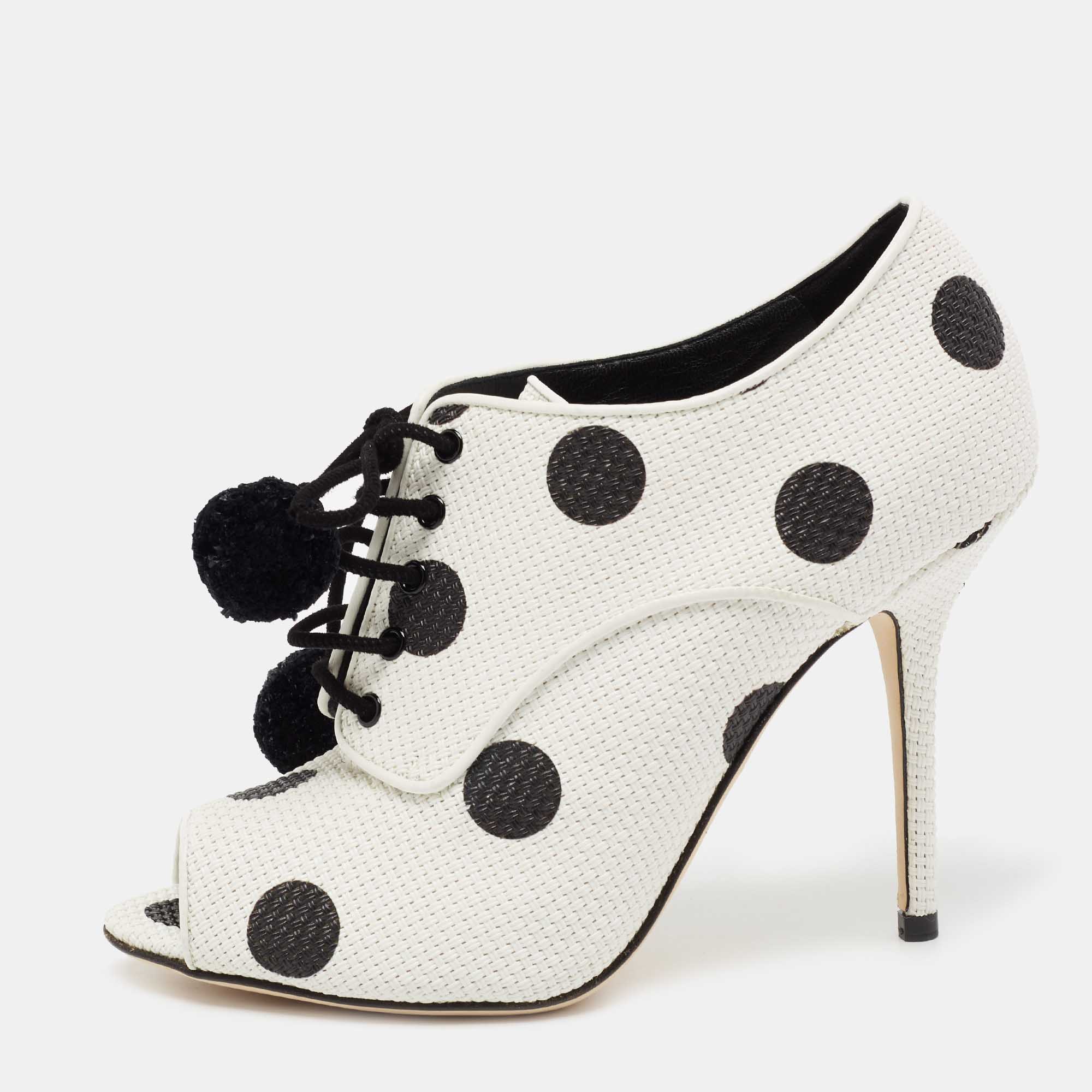 Pre Owned Dolce & Gabbana White/Black Leather Polka Dot Peep Toe Ankle Boots Size 38.5