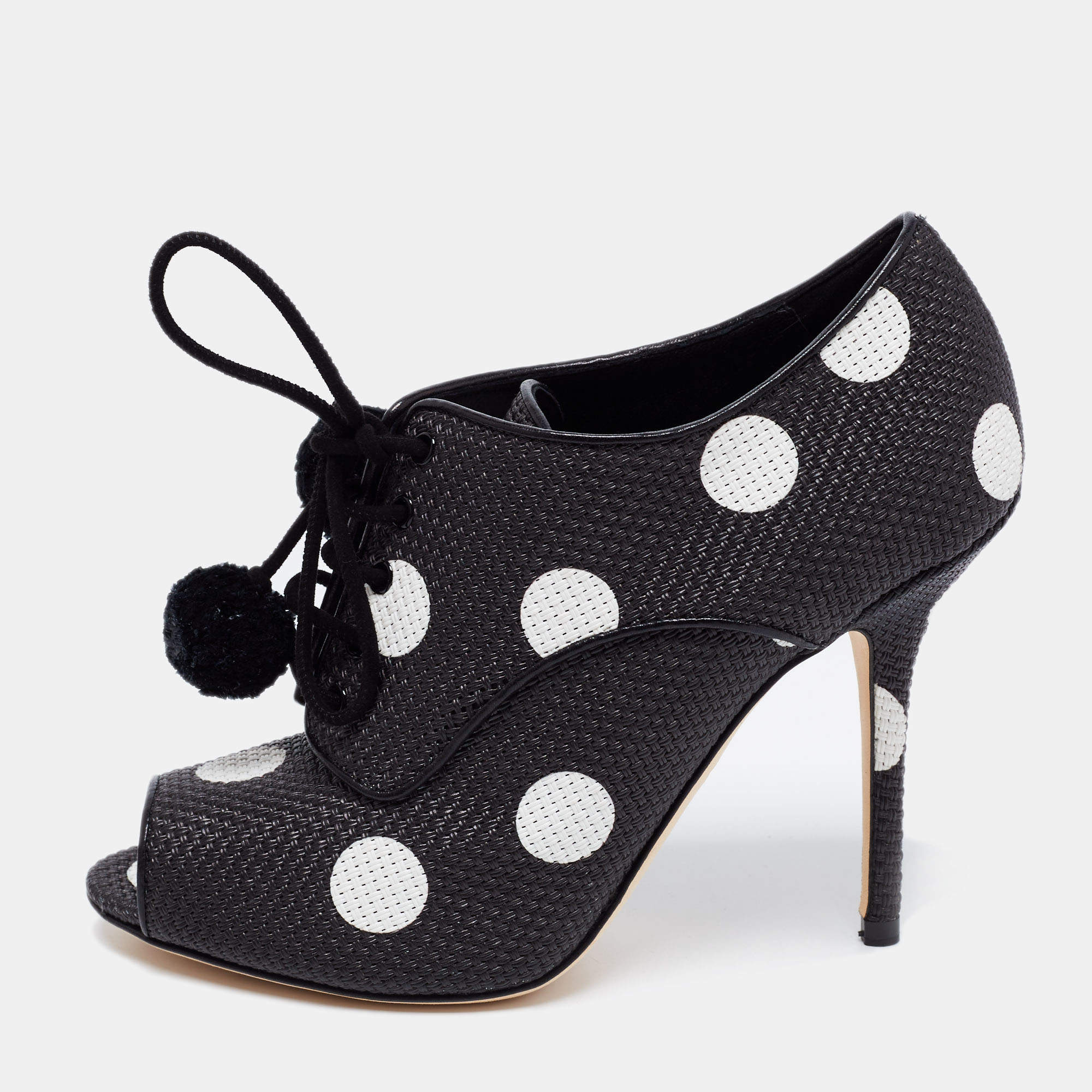 Pre Owned Dolce & Gabbana Black/White Leather Polka Dot Peep Toe Booties  Size 38