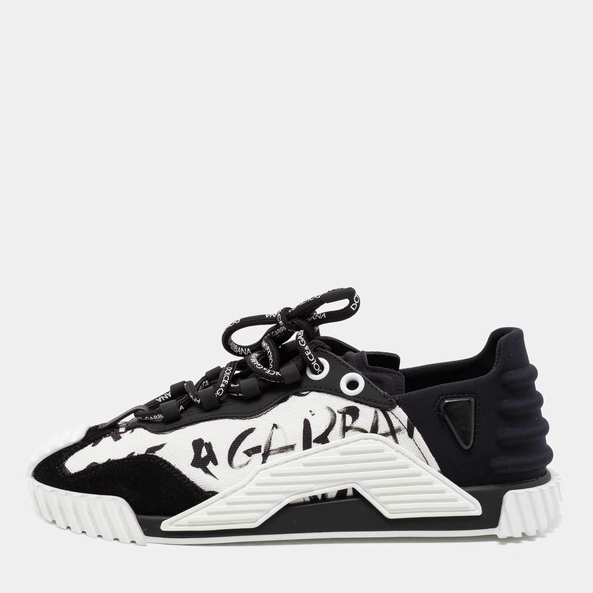 Pre Owned Dolce & Gabbana White/Black Suede, Printed Canvas and Neoprene NS1 Low-Top Sneakers Size 39