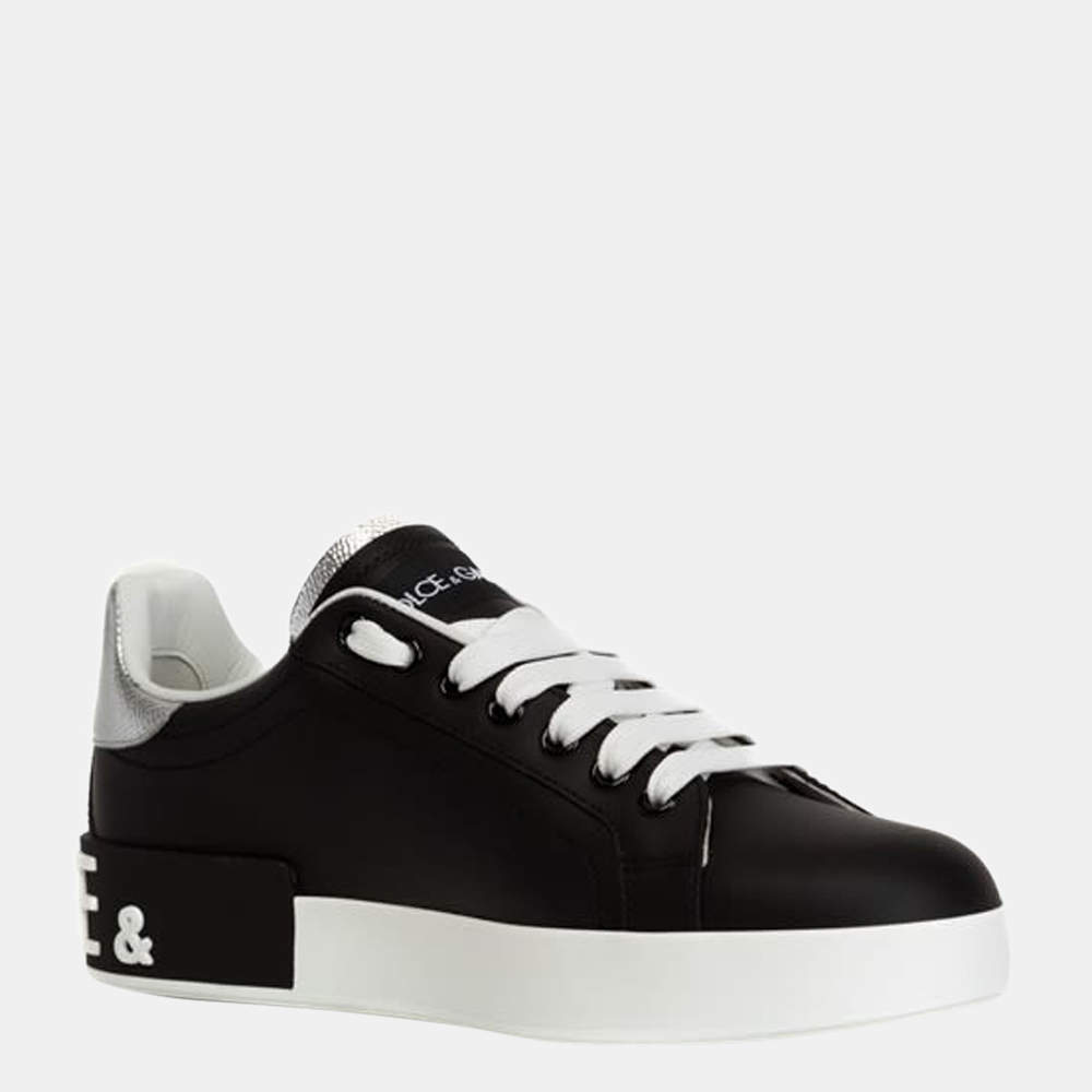 مملوكة مسبقًا Dolce & Gabbana Black/White/Silver Calfskin nappa Portofino Sneaker Size EU 38
